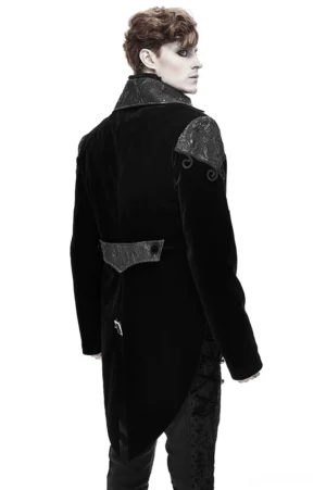 Steampunk gothic tailcoat back view showing extended hem and embroidered shoulder patches, rear silhouette on male model