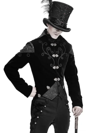 Black velvet steampunk tailcoat with ornate embroidery front view on male model wearing top hat, studio photography