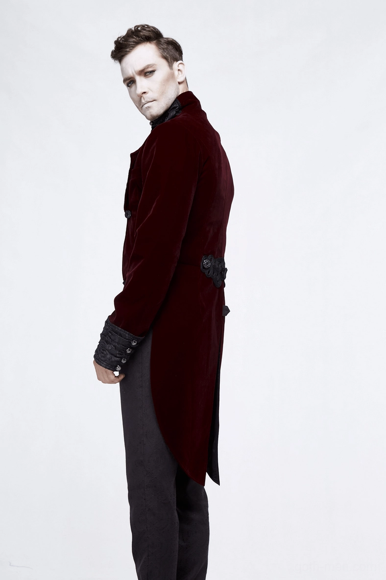 Right side profile of steampunk tailcoat on model showcasing elegant silhouette and refined gothic aesthetic