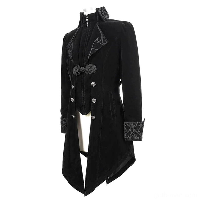 Steampunk velvet tailcoat three-quarter front angle with embroidered lapels and metal button fastening