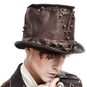 Side profile of steampunk top hat featuring carved metal hardware, brown PU leather construction, and bronze rivets on structured crown