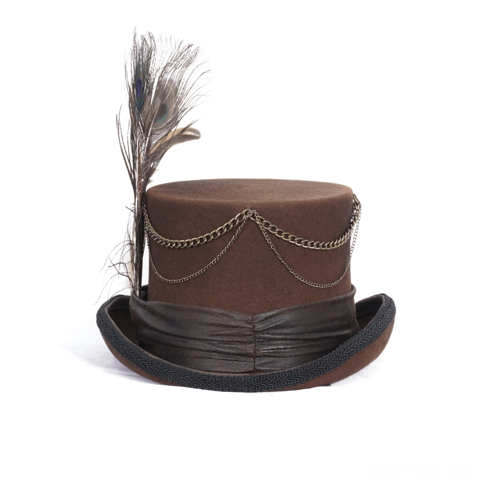 Side profile of steampunk top hat showing single long peacock feather, double metal chains, and structured leather hat band
