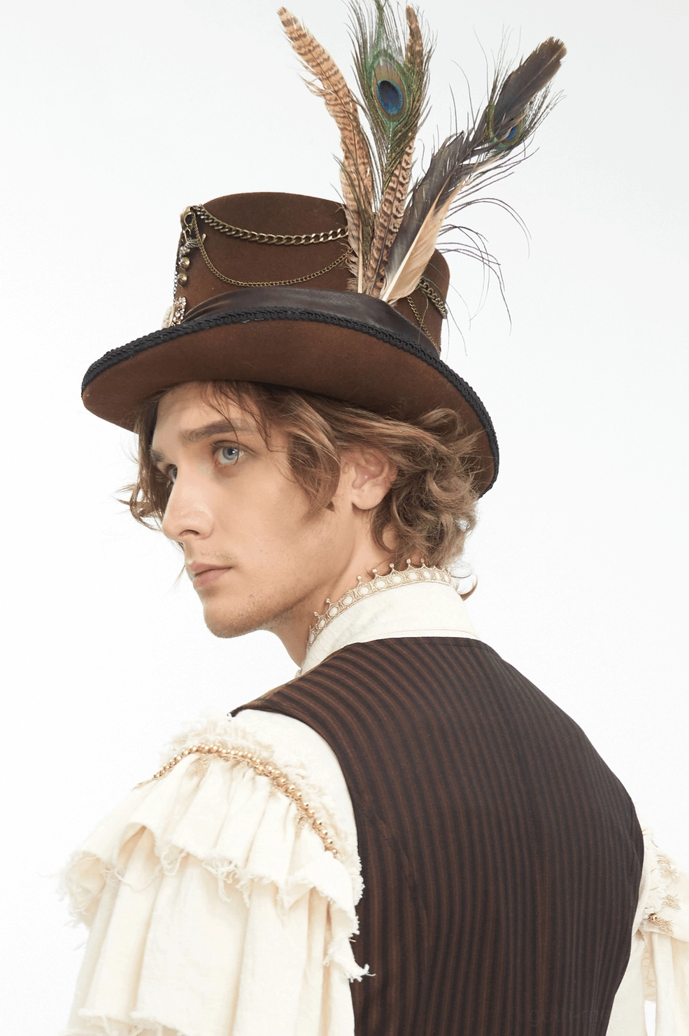 Steampunk top hat three-quarter front view emphasizing Victorian cameo details and mechanical gear ornamentation