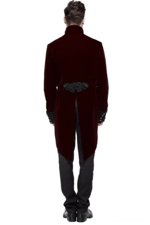 Back view of men's steampunk velvet redingote displaying split-tail hem construction and decorative hardware details