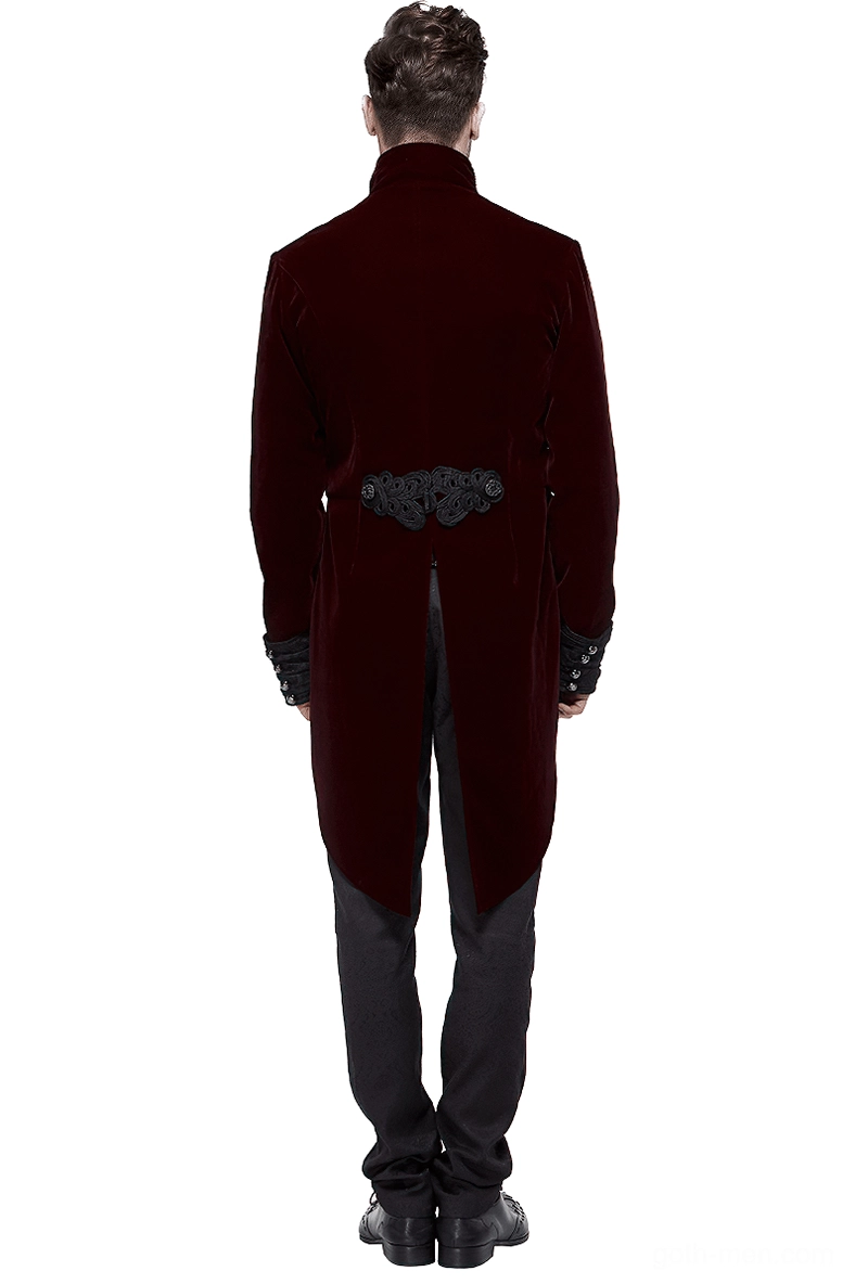 Back view of men's steampunk velvet redingote displaying split-tail hem construction and decorative hardware details