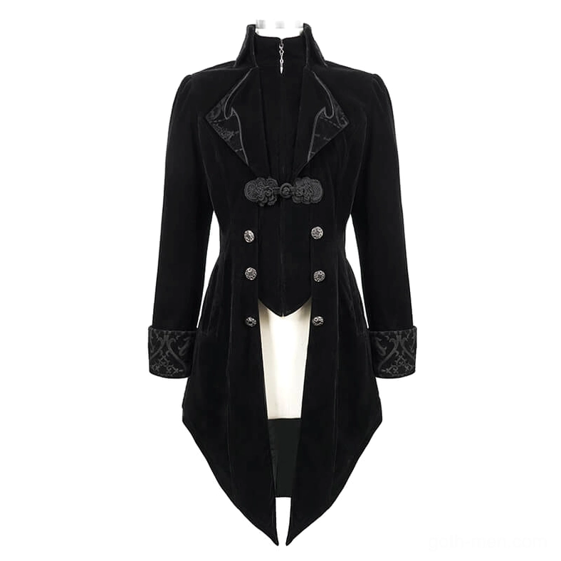 Black velvet steampunk coat full front view on mannequin with asymmetrical dipped hem and frog fasteners