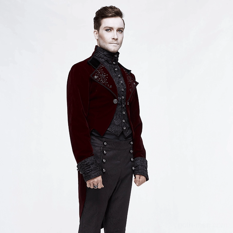 Full front view of men's steampunk velvet redingote displaying symmetrical cut and formal gothic proportions