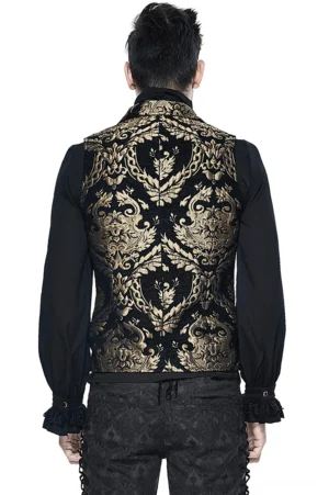Black gold damask steampunk waistcoat back view with full-length jacquard pattern coverage