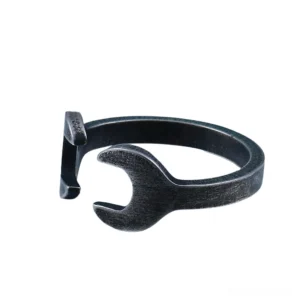 Distressed black metal wrench shaped ring front angle steampunk gothic alternative unisex jewelry