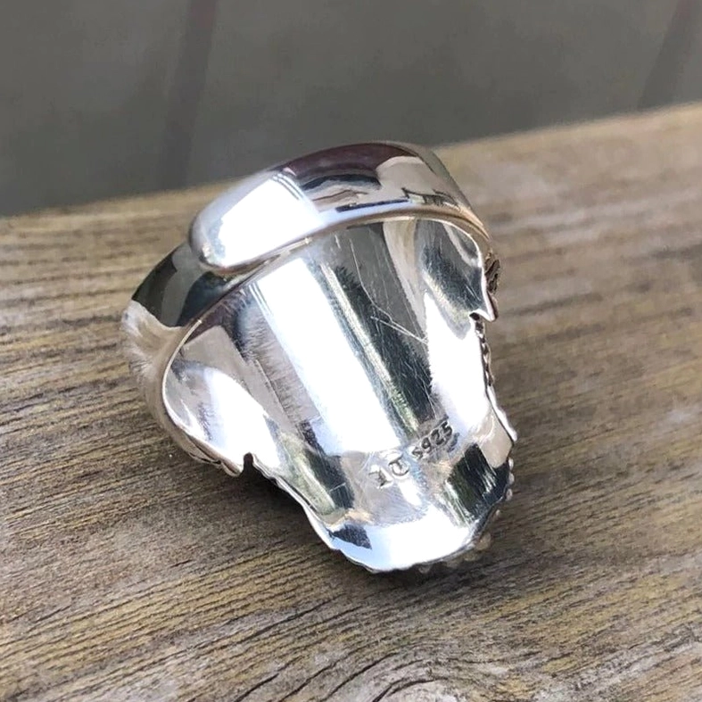 Sterling silver 925 hallmark on bearded skull ring – polished inner band showing authenticity stamp
