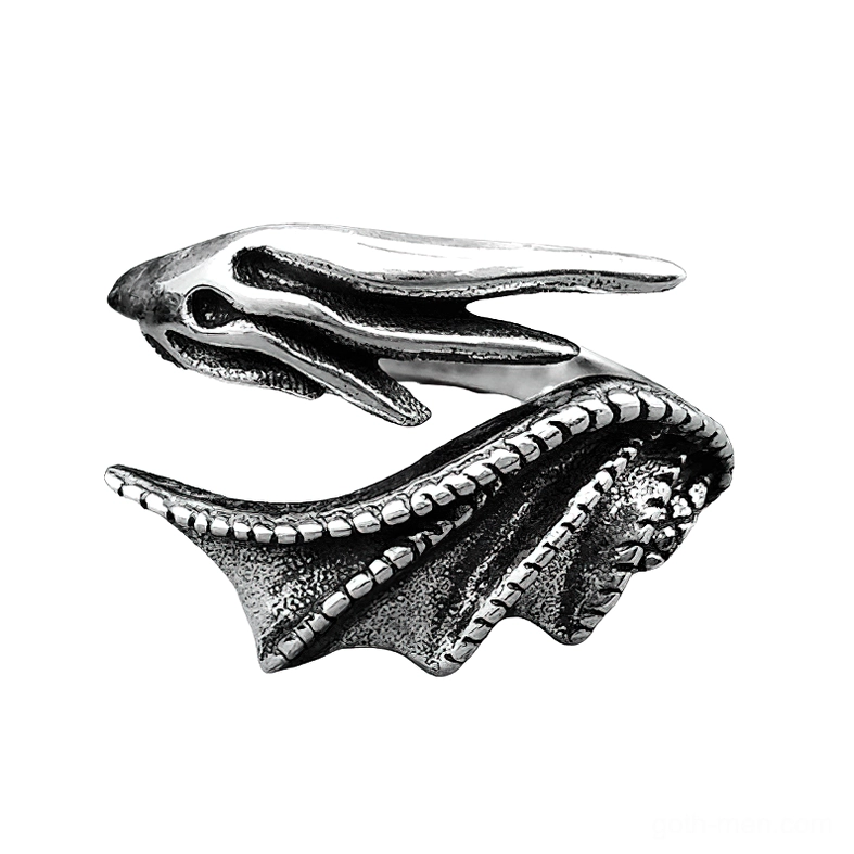 Sterling silver dragon wing gothic ring, left side oblique view showing embossed scale texture and antique silver finish