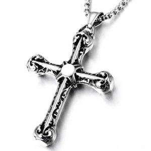 925 sterling silver gothic cross pendant with intricate floral engravings and round center ornament, front close-up view