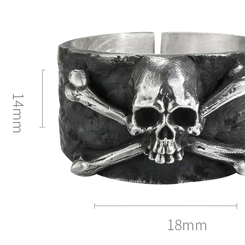 Close-up front detail of 999 sterling silver skull and crossbones ring 14mm width unisex gothic jewelry