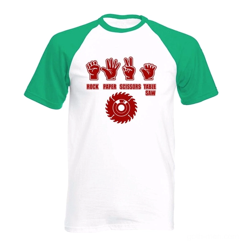 Alternative graphic raglan cotton tee with dark humor design, white body with green raglan sleeves and red/black print
