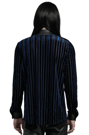 Black striped velvet gothic shirt rear view - vertical stripe pattern with faux leather collar detail on model