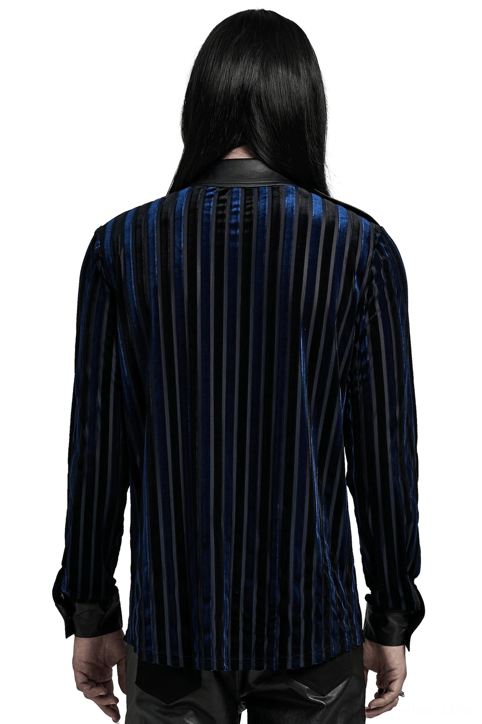 Black striped velvet gothic shirt rear view - vertical stripe pattern with faux leather collar detail on model