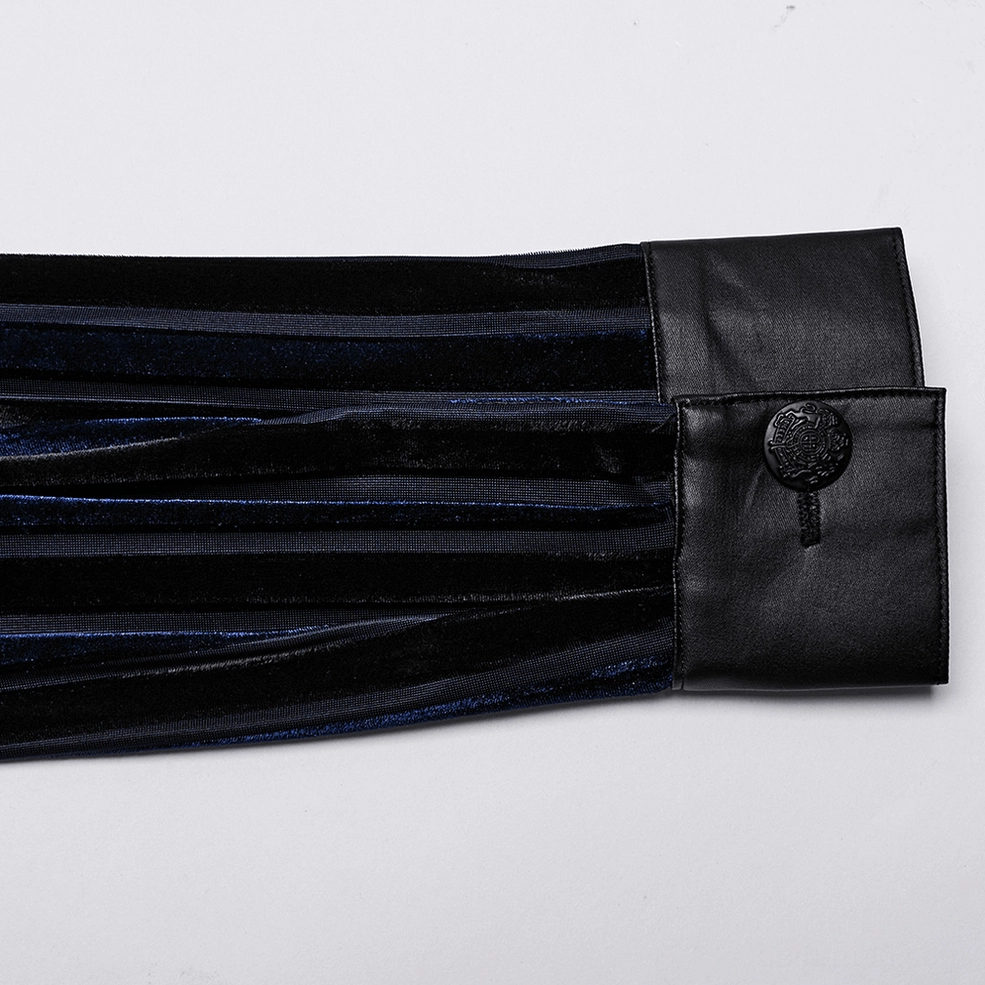 Striped velvet gothic shirt cuff detail close-up - faux leather cuff strap with decorative button and stripe pattern