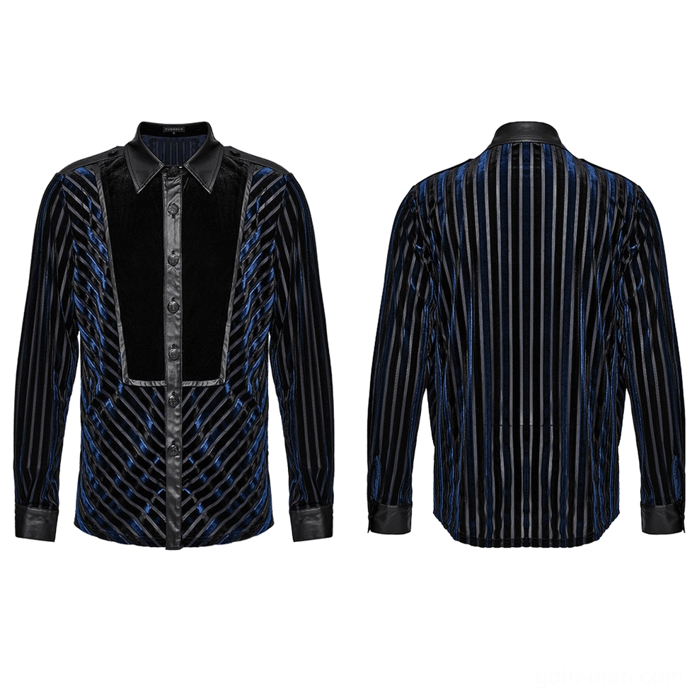 Striped velvet gothic shirt flat lay front - black velvet panel with rubberized placket and carved decorative buttons