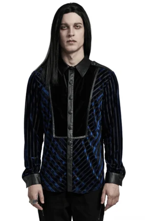 Striped velvet gothic shirt with rubber accents front view on male model - black and navy vertical stripe pattern with solid contrast panel