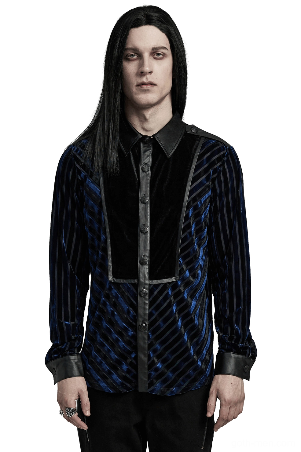 Striped velvet gothic shirt with rubber accents front view on male model - black and navy vertical stripe pattern with solid contrast panel