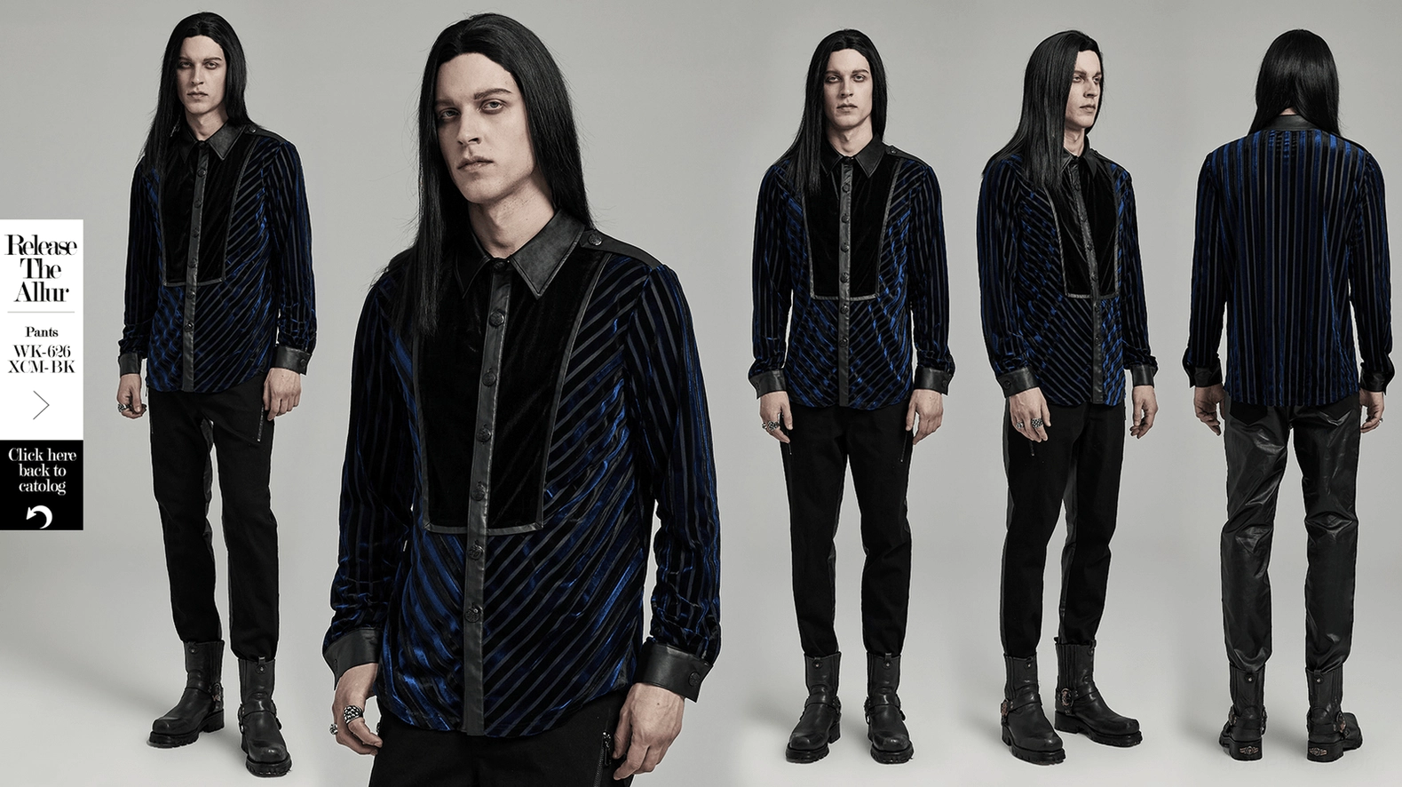 Gothic velvet shirt detail view - contrast fabric panels, decorative hardware, and industrial rubber accents close-up