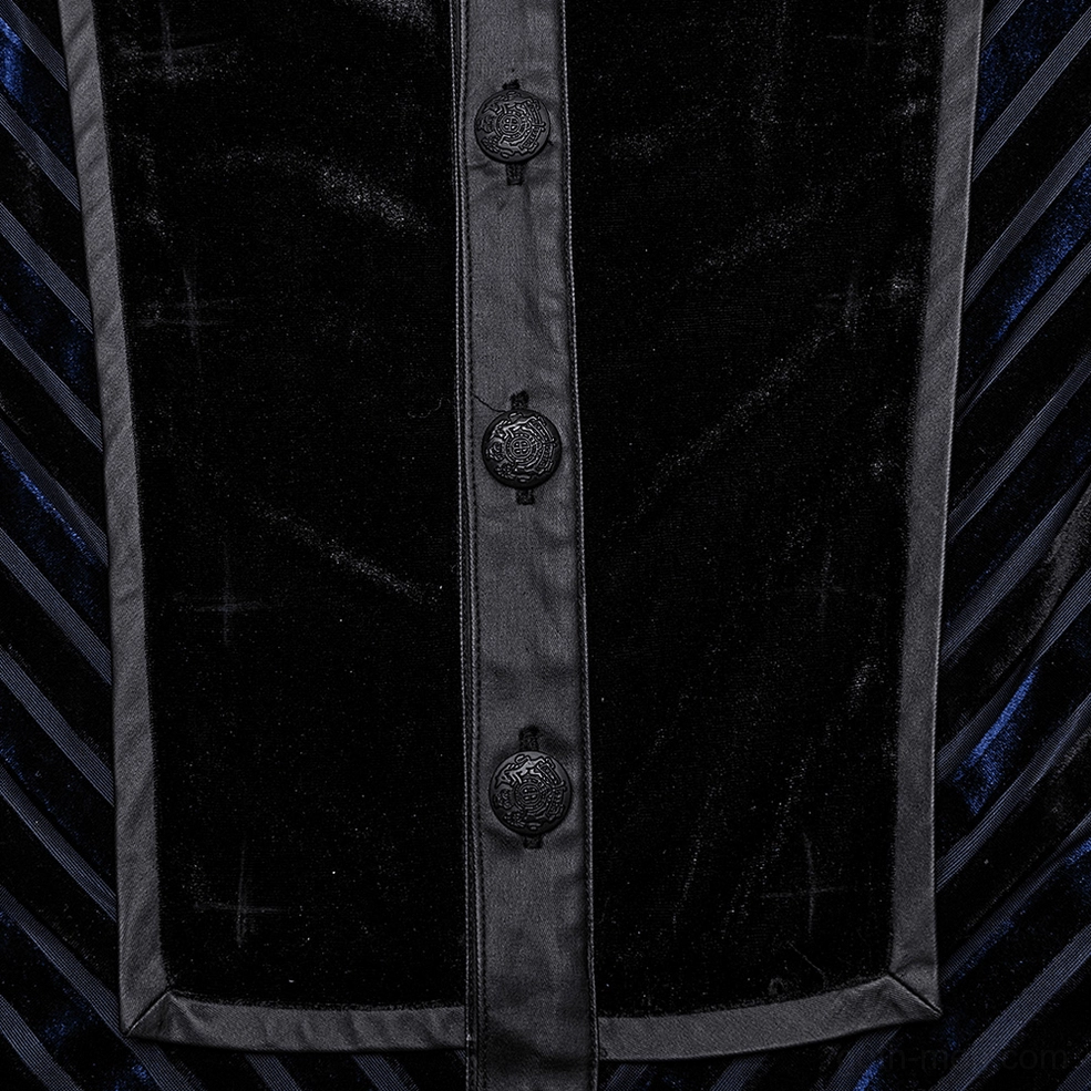 Gothic shirt front placket close-up - ornate carved buttons on black velvet panel with rubberized edge trim