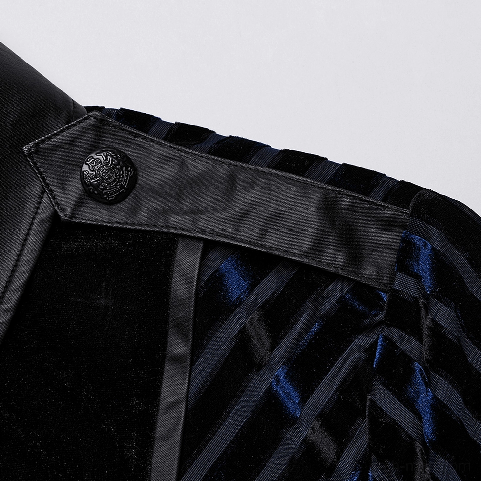 Gothic shirt shoulder detail close-up - faux leather shoulder strap with carved decorative button and striped velvet fabric