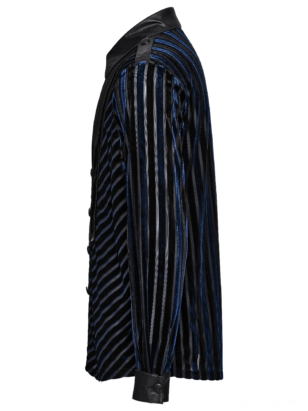 Striped velvet gothic shirt side view flat display - fitted sleeve shape with faux leather shoulder trim and velvet texture