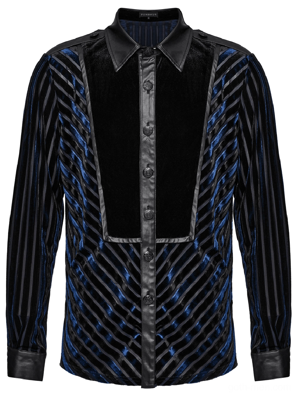 Striped velvet gothic shirt front flat display - diagonal striped pattern beneath solid velvet panel with fitted sleeves