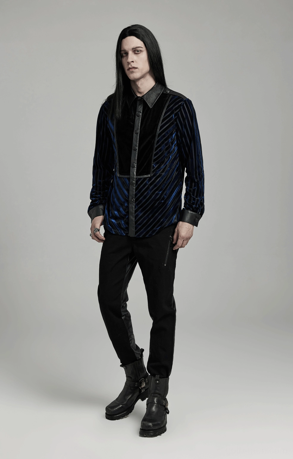 Alternative gothic fashion styling - striped velvet shirt worn with leather accessories and dark aesthetic ensemble