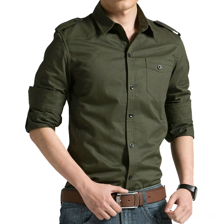 Army green structured rebellion military gothic shirt for men with epaulets and chest pocket, front three-quarter view on model