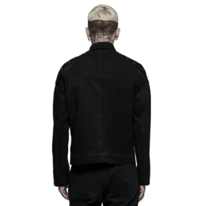 Black gothic denim jacket back view showcasing clean panel construction and fitted silhouette on model