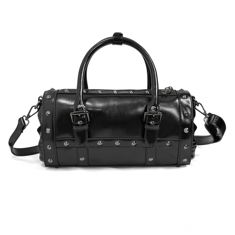 Black studded bowling handbag with metal rivets, dual top handles, and detachable shoulder strap, side view
