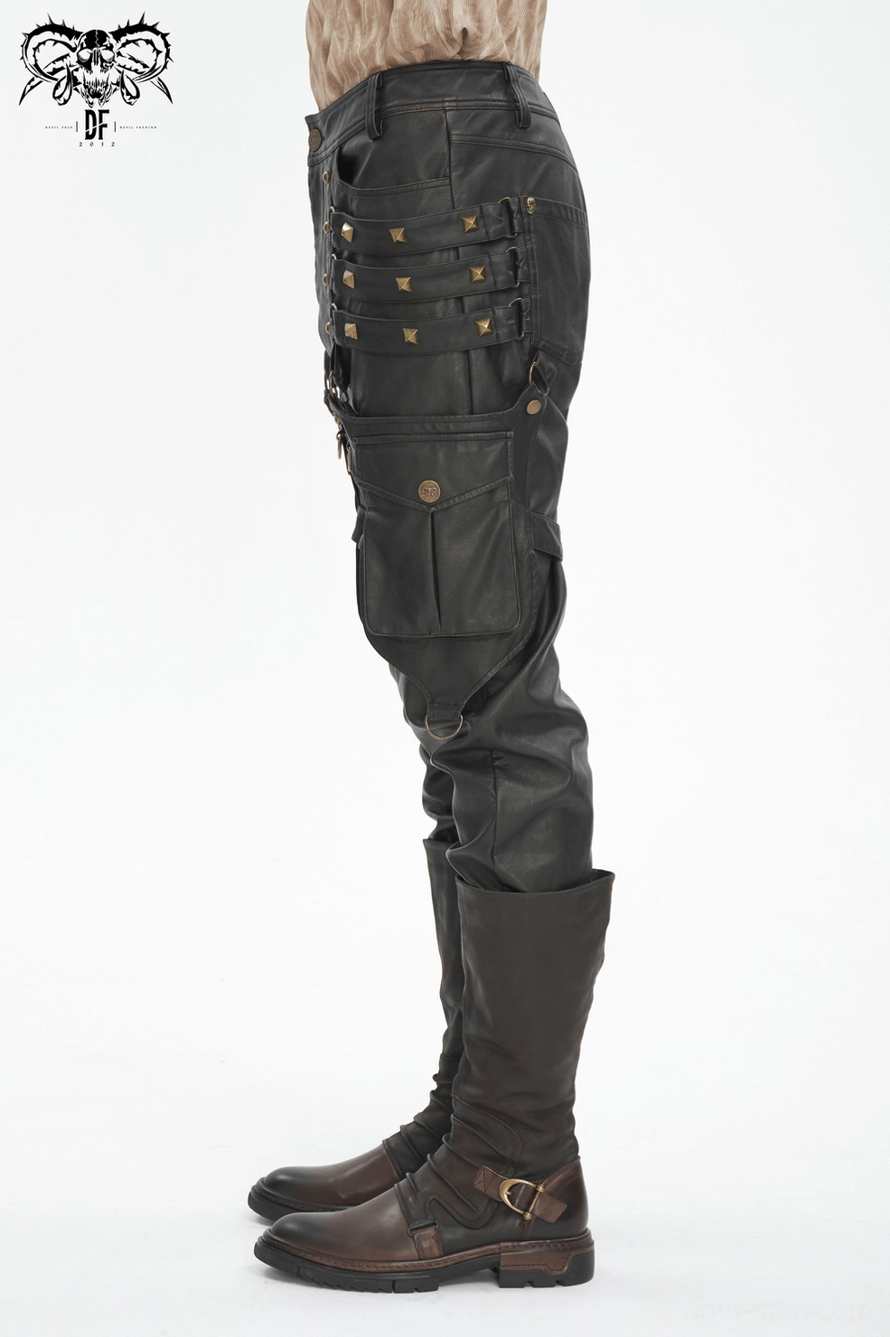 Full-length styled view of black studded gothic cargo pants worn with alternative fashion accessories