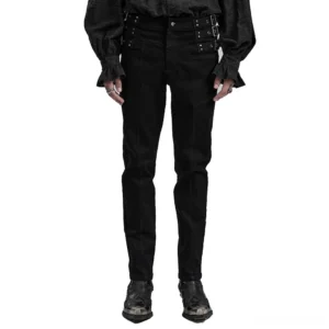 Black studded slim-fit gothic denim pants front view on male model, silver metal waist hardware detail