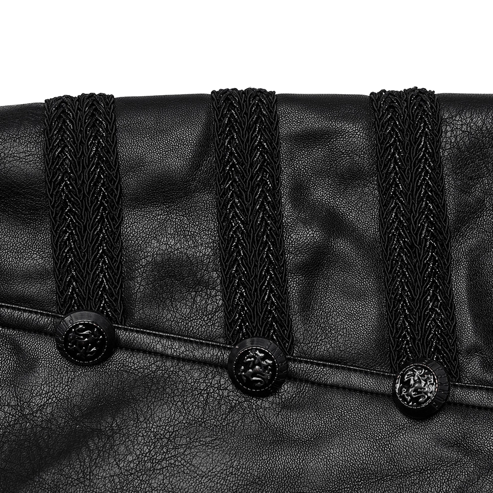 Black studded side-button gothic leather pants lifestyle image on male model showcasing slim fit and metallic hardware details