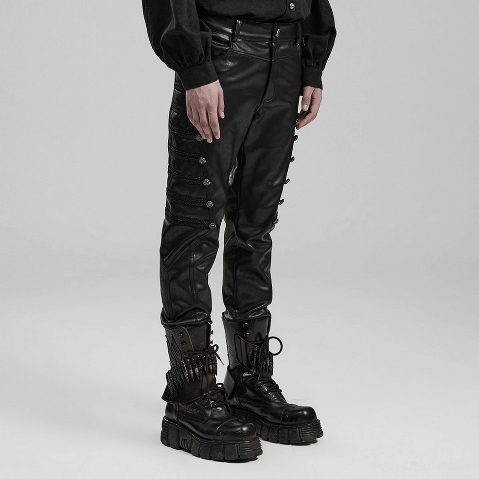 Black studded gothic leather pants showing overall fit, button embellishments, and premium PU material texture