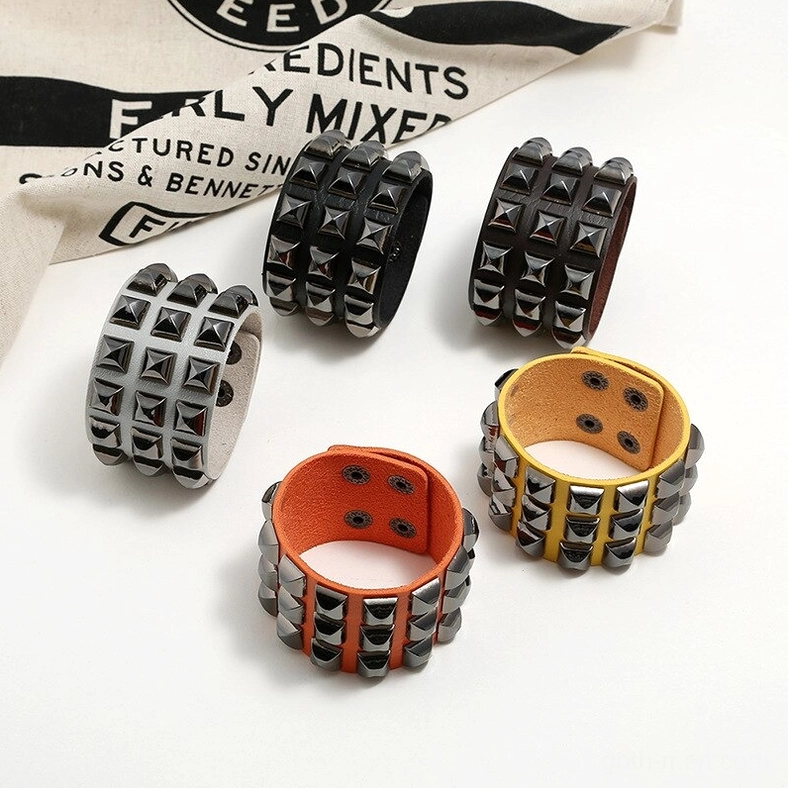 Multiple color studded leather cuff bracelets collection - black brown camel white yellow gray