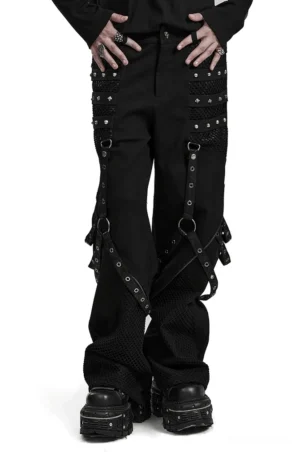 Black studded mesh gothic wide-leg trousers front view with detachable harness straps on male model