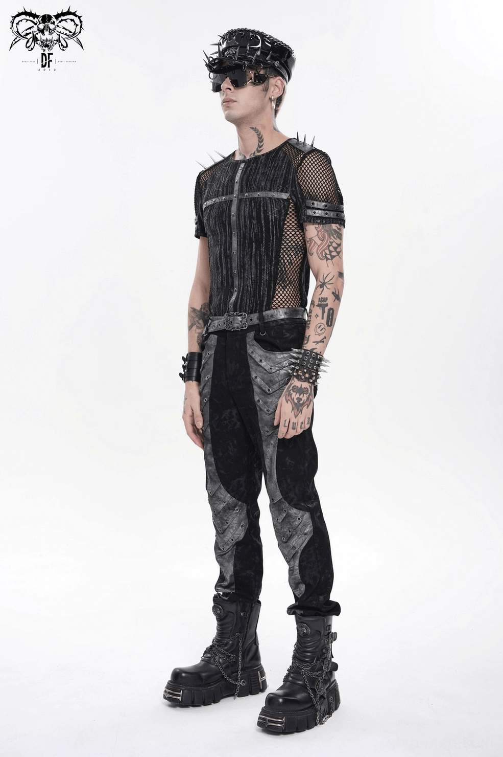 Studded black mesh t-shirt showing buckle sleeve bands and hardware placement