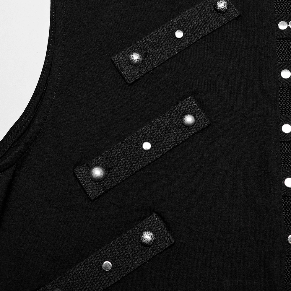 Close-up macro view of silver metal studs on black woven strap webbing
