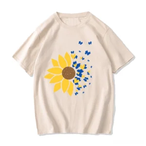 Beige oversized sunflower graphic t-shirt with blue decorative elements, casual goth style