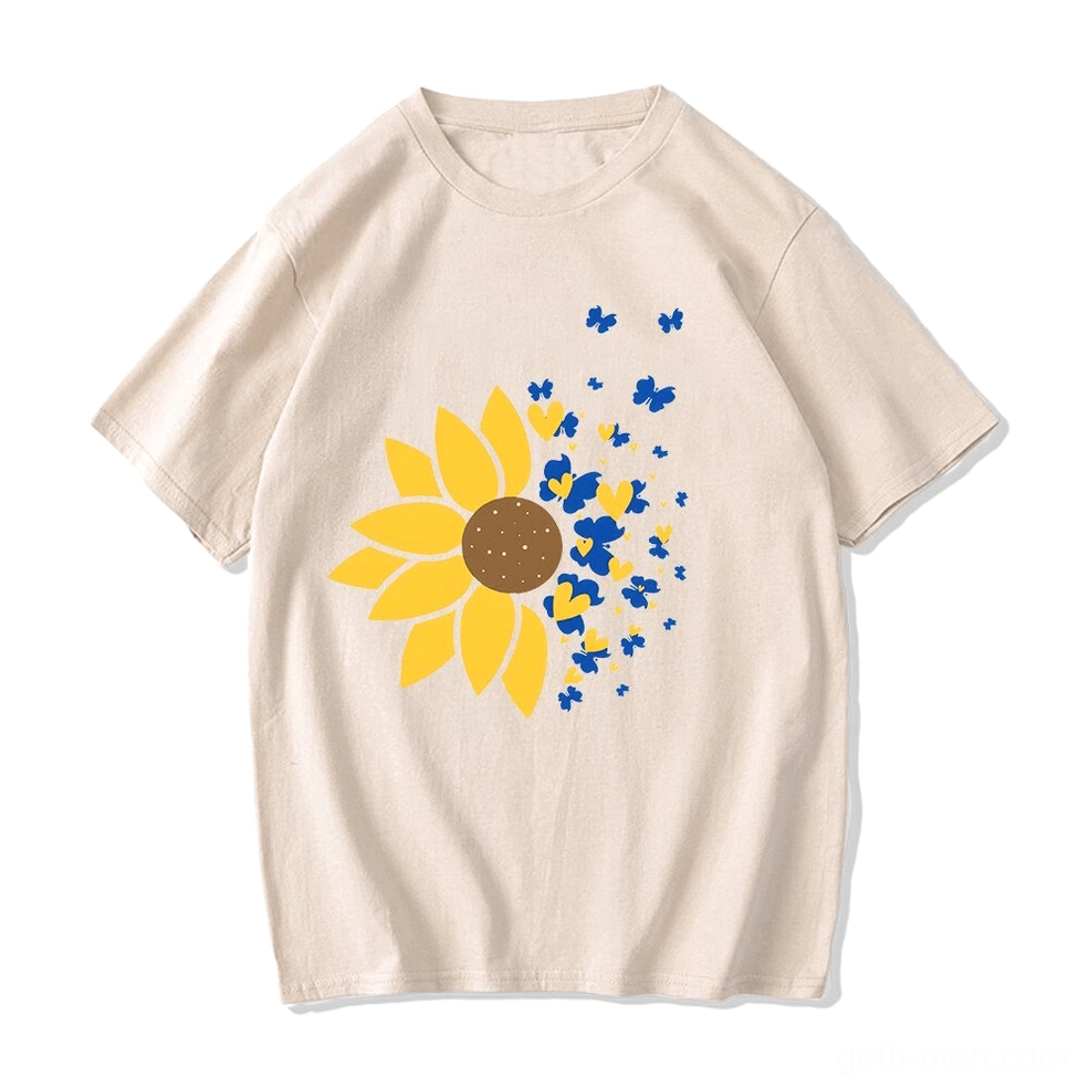 Beige oversized sunflower graphic t-shirt with blue decorative elements, casual goth style