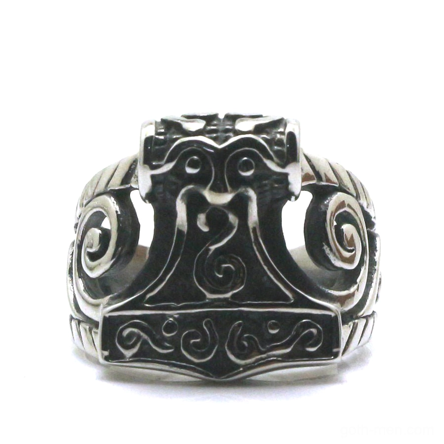 Symmetrical Thor's Hammer gothic men's ring engraved with Nordic patterns in polished 316L stainless steel - direct front view