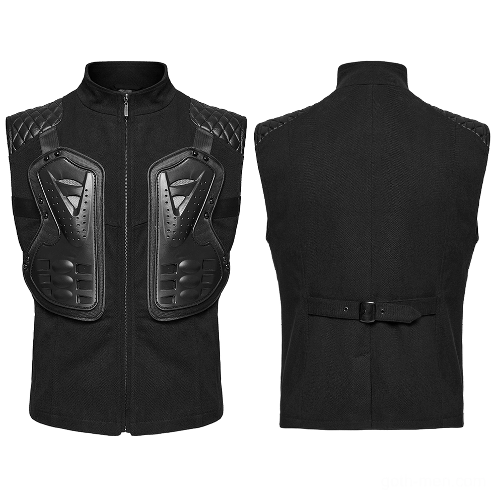Flat lay display of black gothic tactical armor vest front and back layout