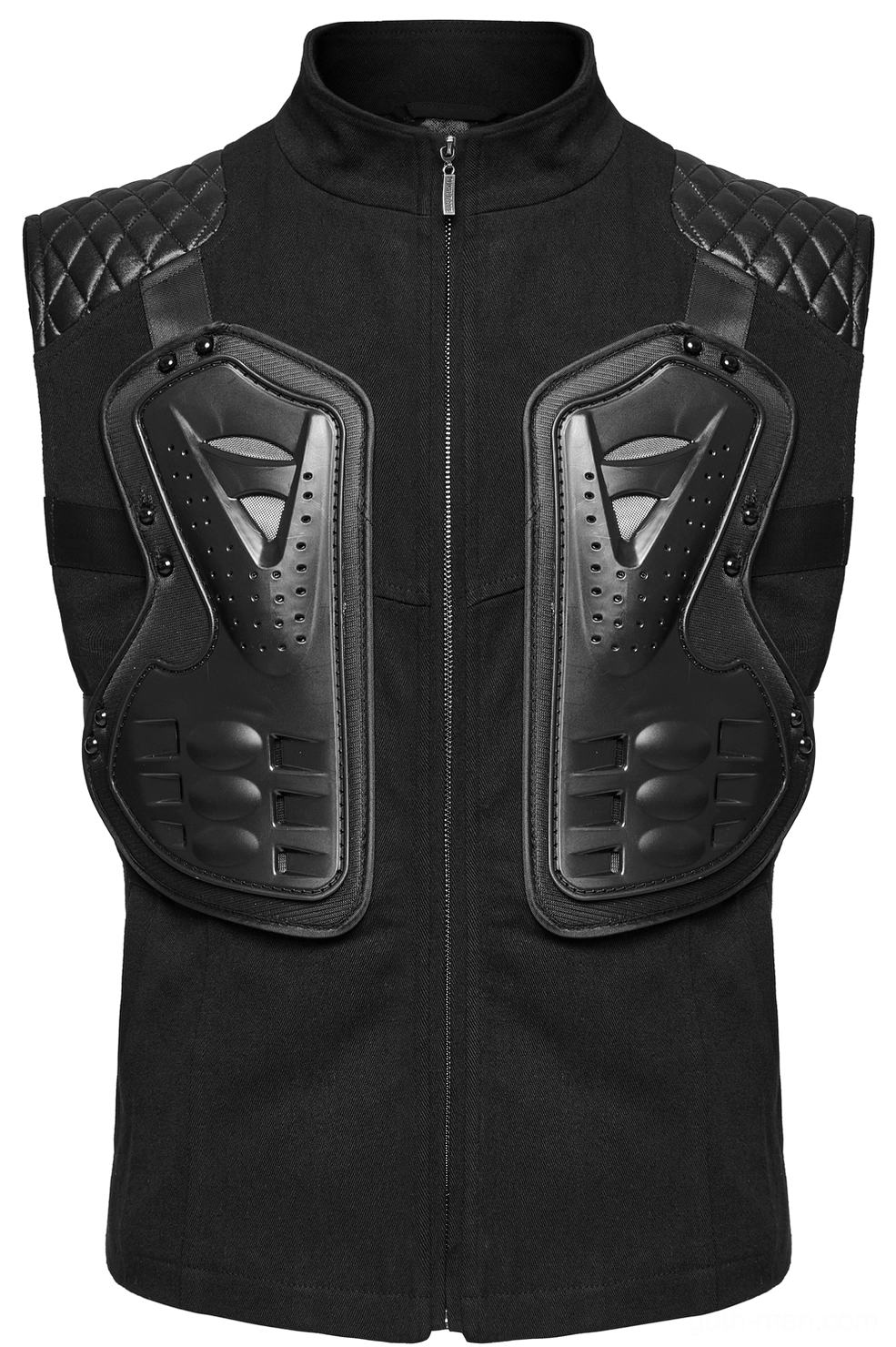 Front flat display of black tactical armor vest with 3D chest panels detail