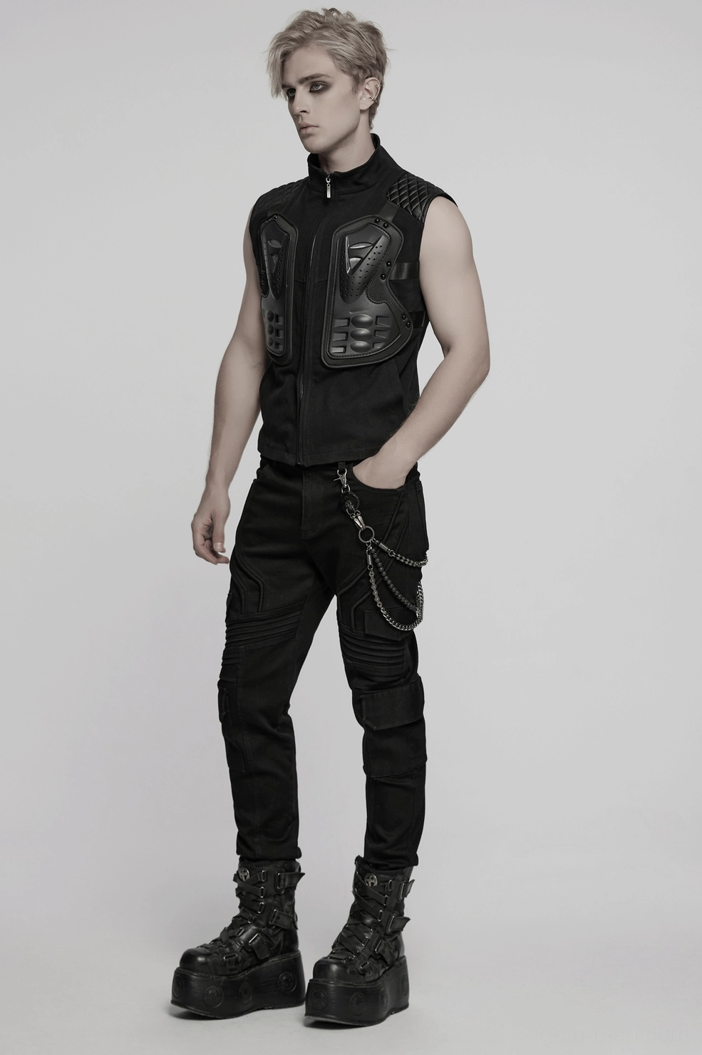 Full length portrait of black tactical armor vest styled on male model