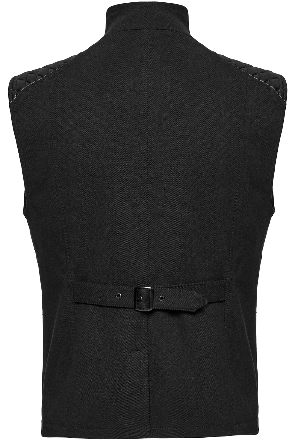 Rear panel close-up of black tactical armor vest with adjustable leather waist belt