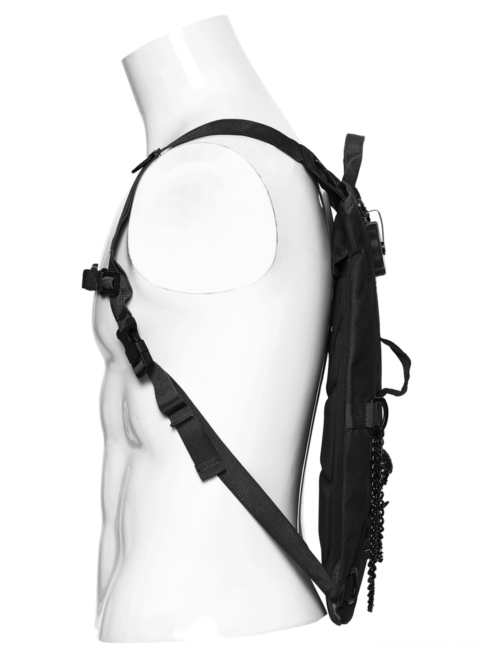 Dark tactical backpack shoulder rig with adjustable nylon straps and hanging chain details, side profile on male form
