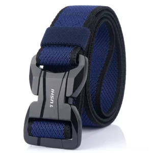 Blue and black two-tone tactical belt with quick-release mechanism, cyberpunk style side view